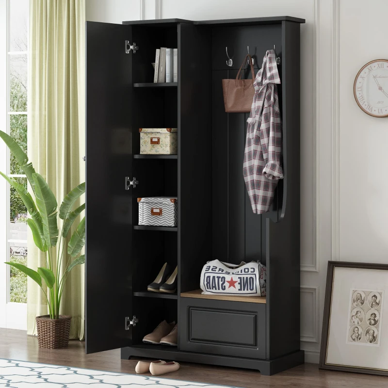 Hall Tree with Flip-Up Bench, Adjustable Shelves, and Hanging Hooks for Entryways,36" L x 15.5" W x 70.5" H, Black
