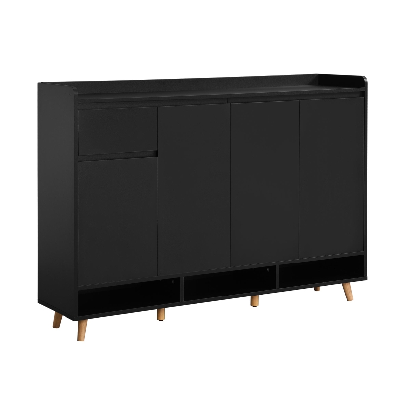Sleek and Contemporary Shoe Cabinet with Adjustable Shelves, Solid Wood Legs, and Ample Storage, 55.5" L x 14" W x 39.5" H, Black