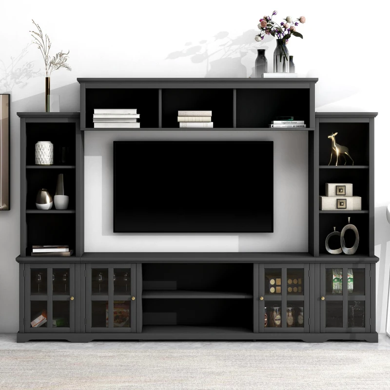 Modern Multifunctional TV Stand for TVs Up to 70" with Glass Door and Bridge, Minimalism Entertainment Wall Unit, 104" L x 15" W x 78.5" H, Black
