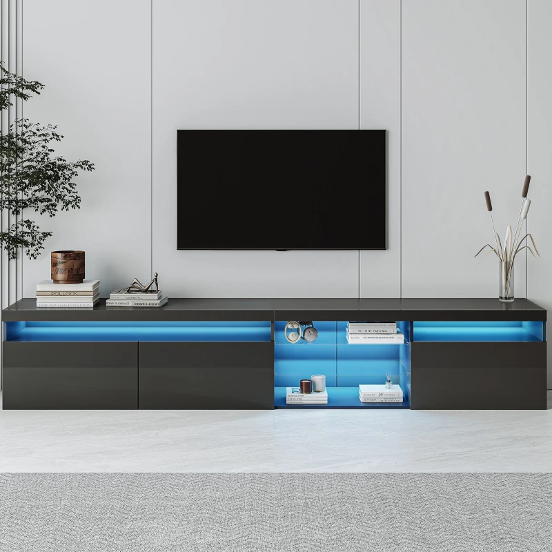 Vinsetto Unique Design TV Stand with 2 Glass Shelves, Ample Storage Space, LED Color Changing Lights, Fits TVs Up to 105", 94.5" L x 16" W x 17.5" H, Black