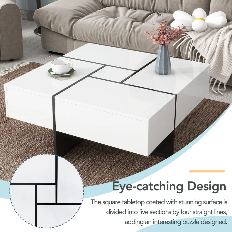 Unique Design Coffee Table with 4 Hidden Storage Compartments, Extendable Sliding Tabletop, UV High-Gloss Finish, 31.5"x 31.5", White