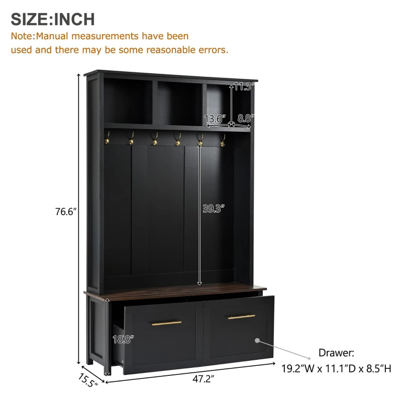 Vinsetto Versatile 4-in-1 Hall Tree with 6 Golden Hooks, Brown Wood Grain Bench, Multiple Storage Spaces, and 2 Drawers, 47" L x 15.5" W x 76.5" H, Black