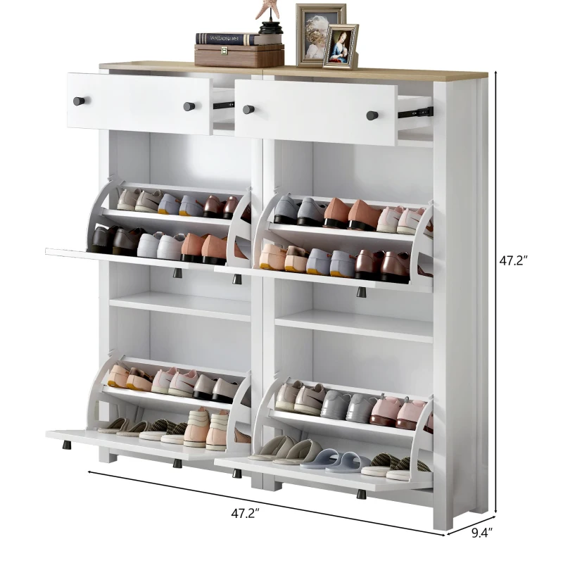 Modern Slim Shoe Cabinet Set with 4 Flip Drawers, Wood Grain Pattern Top, Adjustable Panels, Shoe Rack for Hallway, White