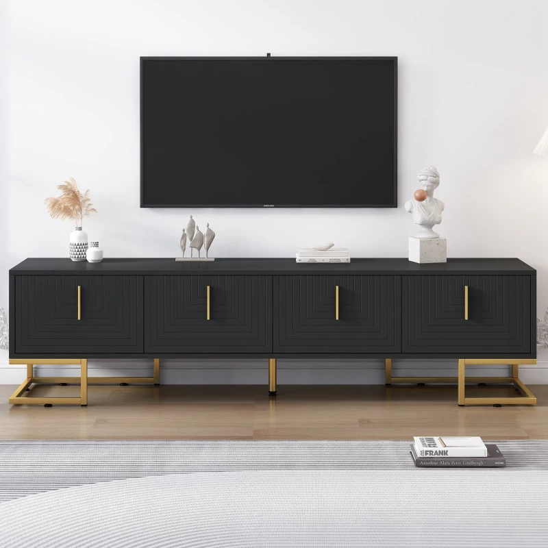 Vinsetto Modern TV Stand with Metal Legs and Gold Handles for TVs Up to 80", Media Console Table with Cabinets and Adjustable Shelves, Black+Gold