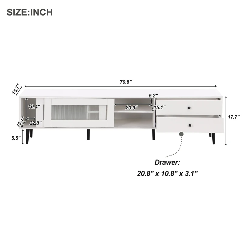 Vinsetto Chic Elegant Design TV Stand with Sliding Fluted Glass Doors, Slanted Drawers Media Console for TVs Up to 75", TV Cabinet with Storage Space, White