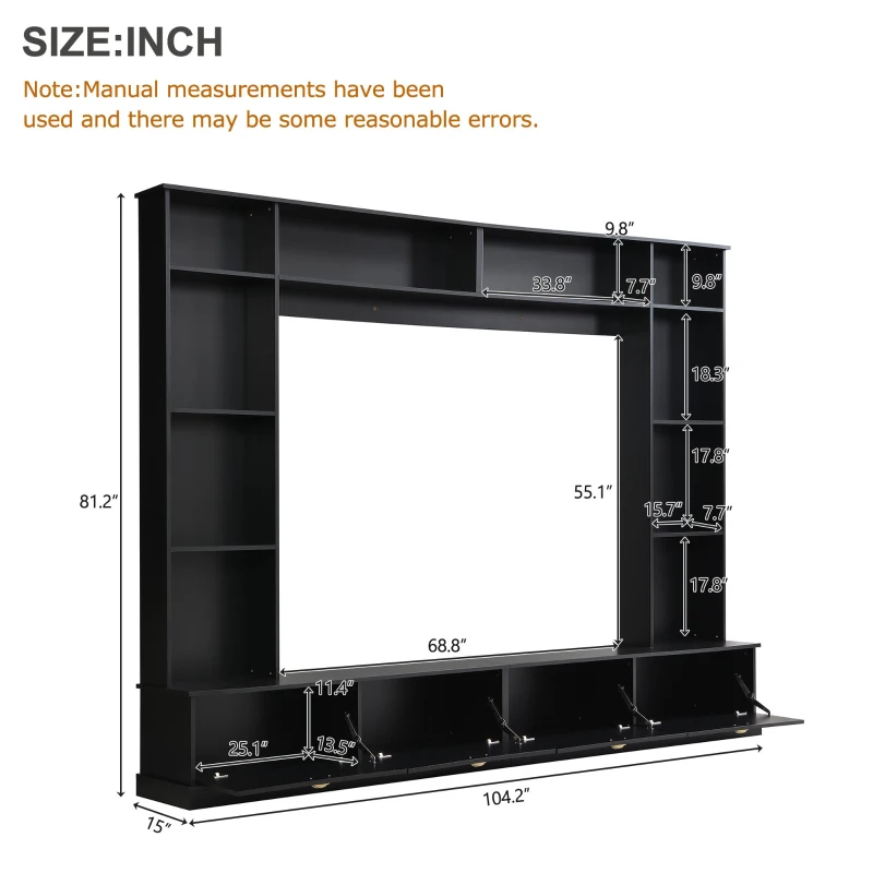 Modern Large Wall Unit Entertainment Center with Bookshelves for TVs Up to 78", 4-in-1 TV Stand with Cabinets, Open Shelves, Black