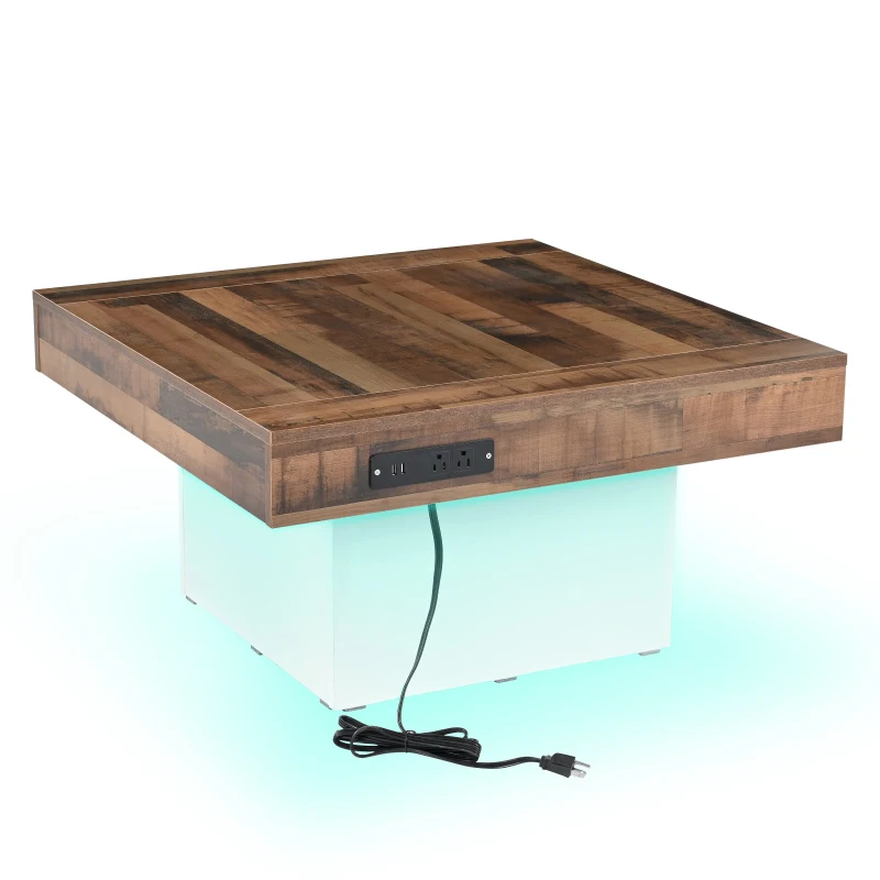 Farmhouse Wood Coffee Table with 2 USB Ports and Outlets, LED Light, Anti-Slip Foot Pads, Spliced Wood Grain, 31.5" L x 31.5" W x 16.5" H, White