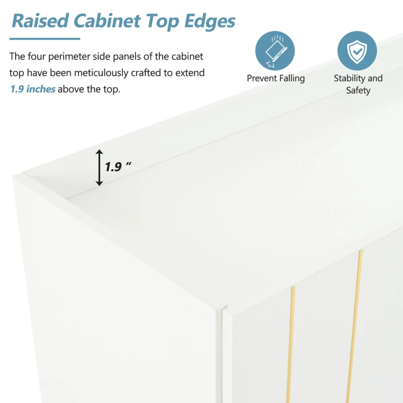 Storage Shoe Cabinet with 5 Metal Legs, Gold Lines Doors, Minimalist Sideboard Cabinet, Modern TV Stand, 63" L x 15" W x 31.5" H, White