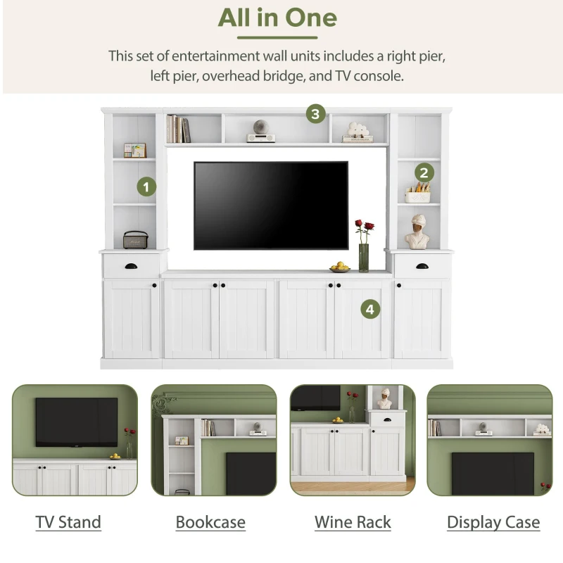 Minimalist Storage TV Stand for TVs Up to 75" with Adjustable Shelves, Entertainment Wall Unit Set for Living Room, 103" L x 15" W x 77" H, White