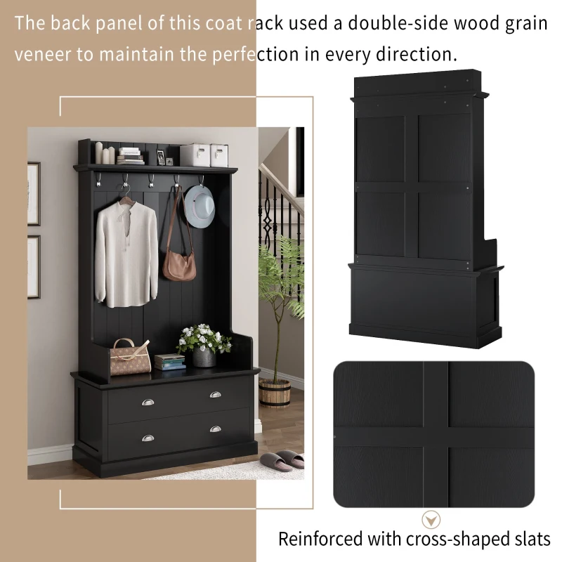 Vinsetto Vintage Style Hallway Coat Rack with 5 Metal Hooks and 2 Large Drawers, 38.5" Wide Entryway Bench with Metal Handles, MDF Veneer, Black