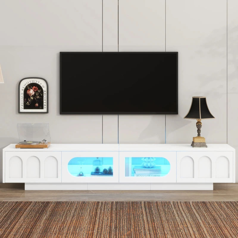 TV Stand with Fluted Tempered Glass Doors for TVs Up to 95", Media Console with APP-Controlled LED Light, 87" L x 16" W x 16" H, White