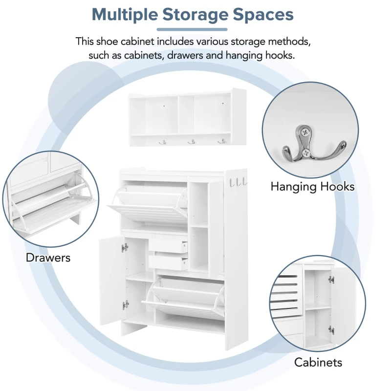 Vinsetto Multi-Functional Shoe Cabinet with Wall Cabinet, Space-Saving Design, 2 Flip Drawers, Versatile Side Cabinet for Hallway, White