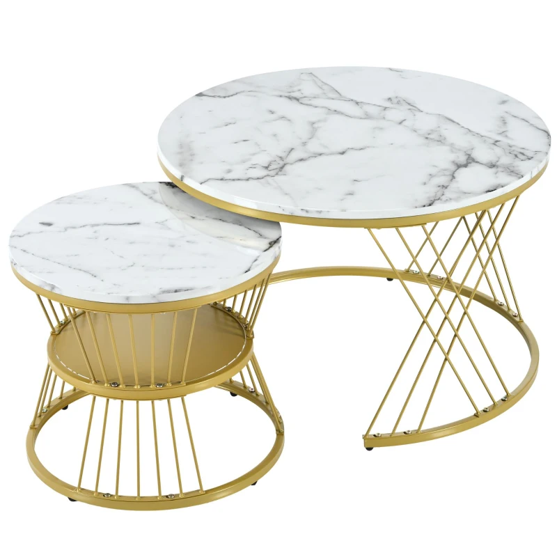 Nesting Coffee Table Set of 2 with Marble Grain Top and Golden Iron Frame, Space-Saving Design, Easy Assembly, White+Gold