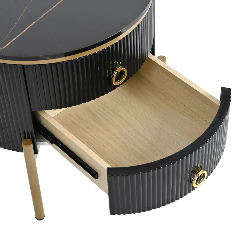 Vinsetto Round End Table with Storage Drawers, Modern Faux Marble Tabletop, Metal Legs and Handles, Black+Gold