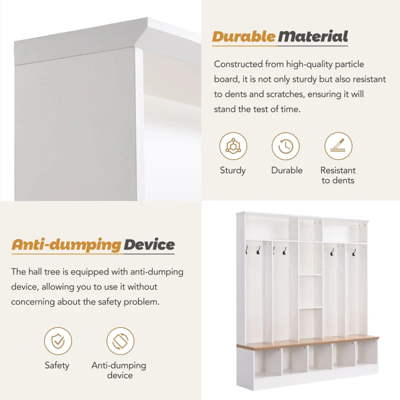 Wide Hall Tree with Storage Bench, Cube Storage, Shelves and 8 Hooks, Multifunctional Coat Rack, Shoe Cabinet, 67" L x 15" W x 72" H, White