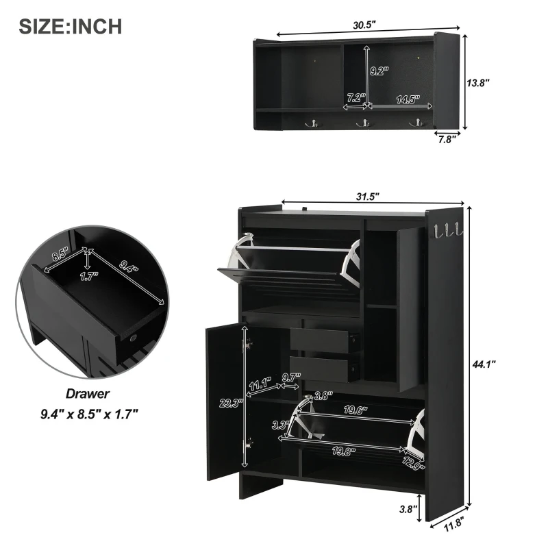 Vinsetto Multi-Functional Shoe Cabinet with Wall Cabinet, Space-Saving Design, 2 Flip Drawers, Versatile Side Cabinet for Hallway, Black