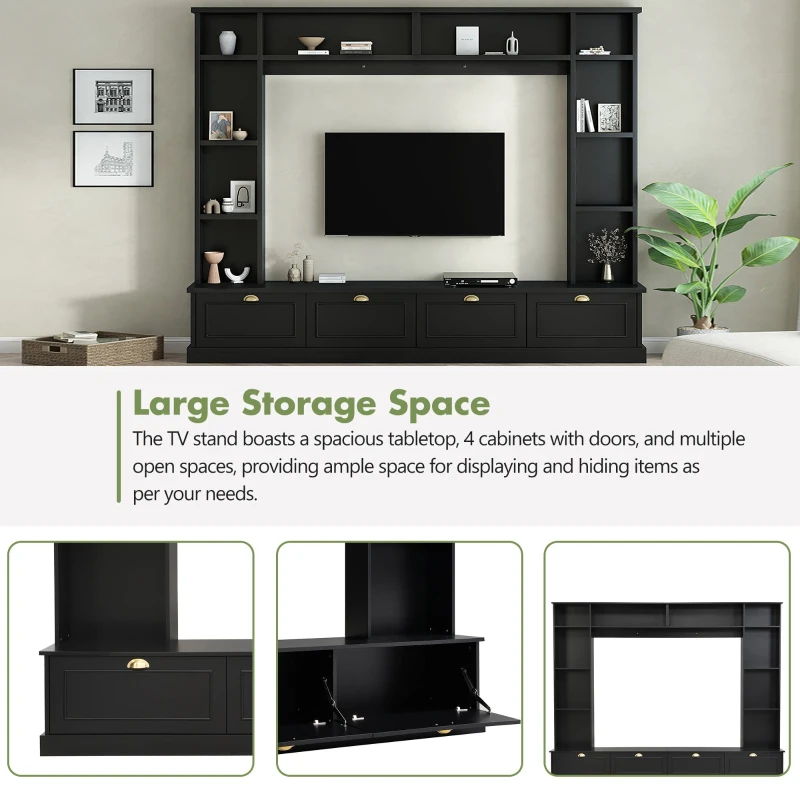 Modern Large Wall Unit Entertainment Center with Bookshelves for TVs Up to 78", 4-in-1 TV Stand with Cabinets, Open Shelves, Black