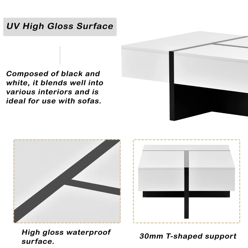 Vinsetto Contemporary Rectangle Coffee Table with Large Drawer, Modern High Gloss Surface, 45" L x 25.5" W x 13.5" H, White