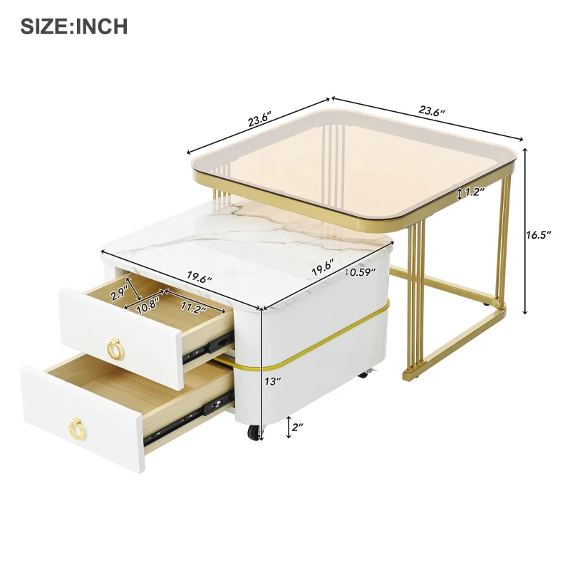 2-in-1 Square Nesting Coffee Table with Wheels & Drawers, High Gloss Marble Grain Top, Tempered Glass, 29" L x 27" W x 16" H, White+Gold