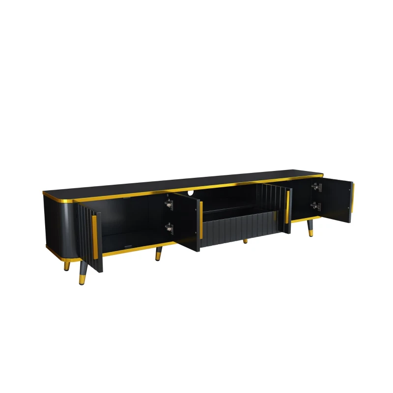 Luxury Minimalism TV Stand with Open Storage Shelf for TVs Up to 85", Entertainment Center with Cabinets and Drawers, Gold+Black