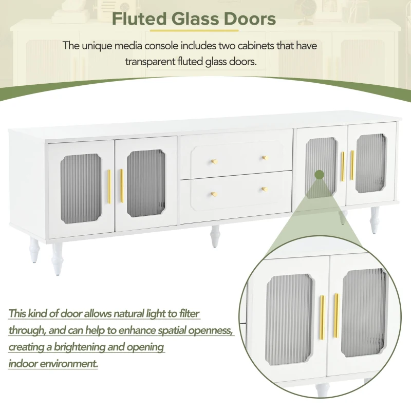 Vinsetto Retro Design TV Stand with Fluted Glass Doors, 2 Drawers and Cabinets, Fits TVs Up to 78", 70" L x 16" W x 22" H, White