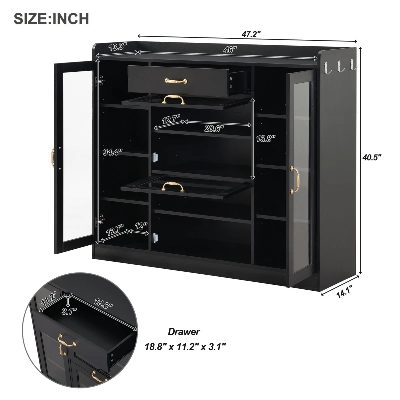 Vinsetto Modernist Side Storage Cabinets with 4 Glass Doors & 3 Hooks, Freestanding Shoe Rack with Adjustable Shelves, Gold Handles, Black