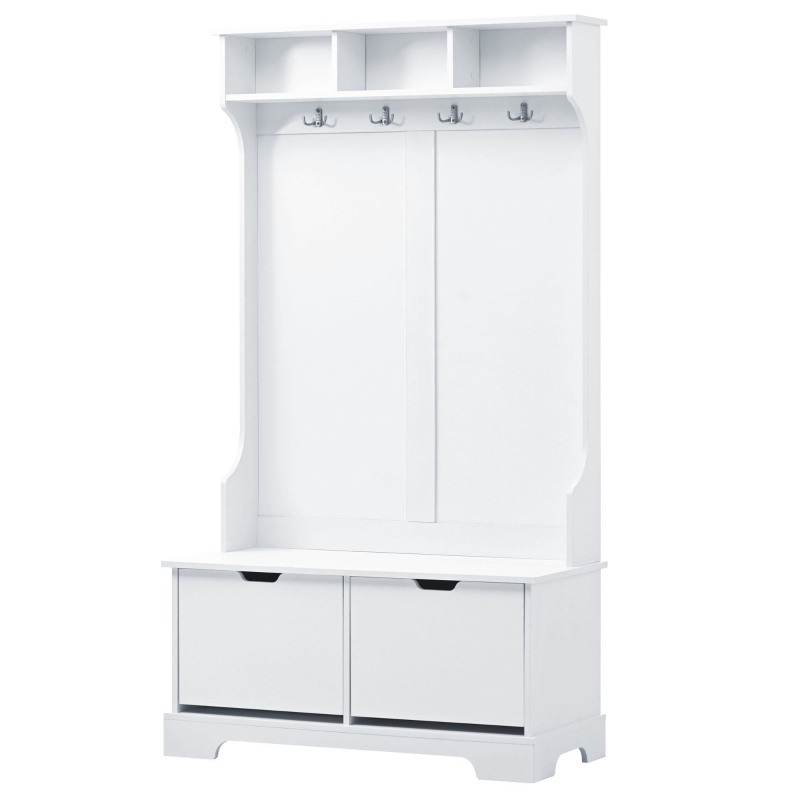 Vinsetto All-in-One Hall Tree with 3 Top Shelves, 2 Flip Shoe Storage Drawers, Storage Bench, and Metal Hanging Hooks, 39.5" L x 18" W x 71" H, White