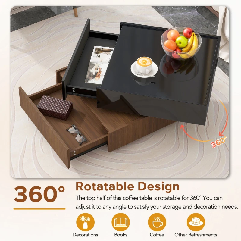 Multi-functional Square Coffee Table with 360° Rotating Top, 2 Drawers, High Gloss 2-Tier Design, 24" L x 24" W x 15" H, Black+Dark Walnut