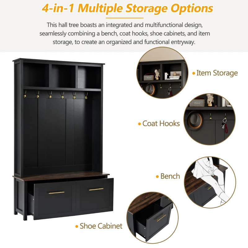 Vinsetto Versatile 4-in-1 Hall Tree with 6 Golden Hooks, Brown Wood Grain Bench, Multiple Storage Spaces, and 2 Drawers, 47" L x 15.5" W x 76.5" H, Black