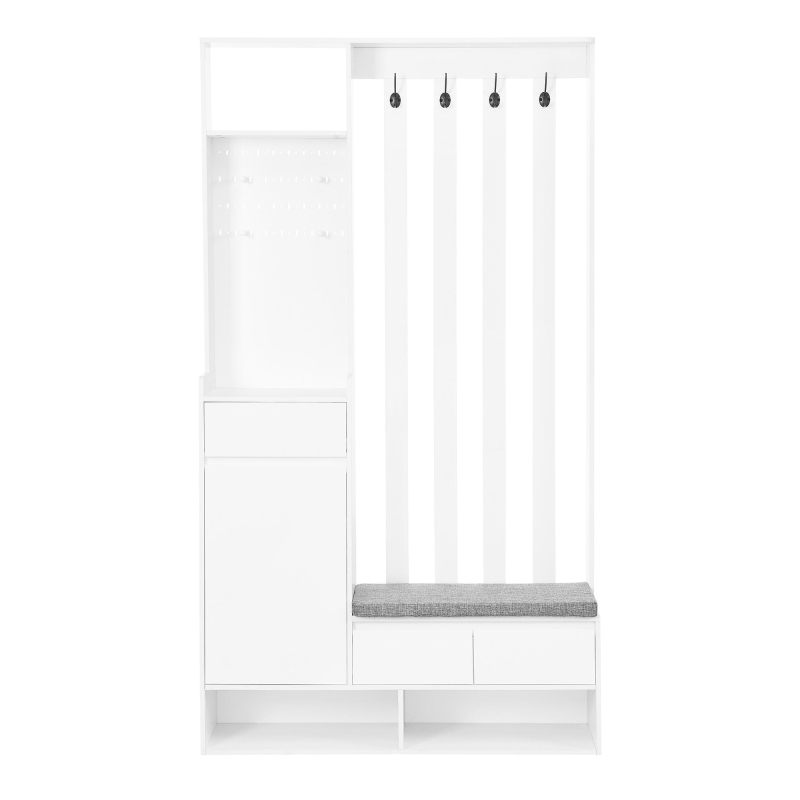 Contemporary Hall Tree with Cushioned Storage Bench, Multifunctional Coat Rack Stand, with Pegboard and 4 Hooks, 39.5" L x 12" W x 71" H, White