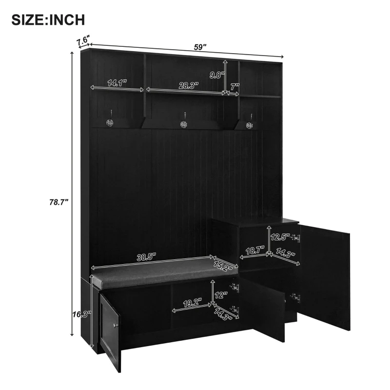 Vinsetto Elegant Hall Tree with Bench and Cushion, Modern Coat Rack with Hooks, Shoe Cabinet Storage, 59" L x 15.5" W x 78.5" H, Black