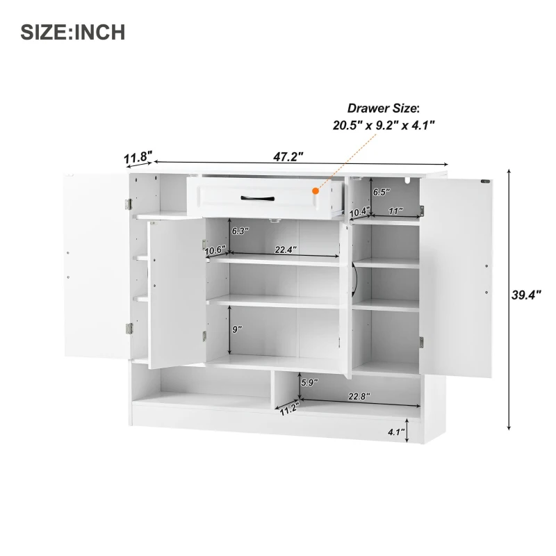 Sleek and Modern Shoe Cabinet with Adjustable Shelves, Minimalist Shoe Storage Organizer, Space-Saving Design, 47.5" L x 12" W x 39.5" H, White
