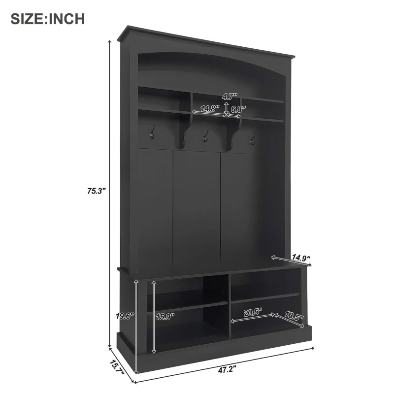 47.5'' Wide Hall Tree with Shoe Storage, 3 Hanging Hooks, Adjustable Shelves, and Multi-Functional Design, 47.5" L x 16" W x 75.5" H, Black