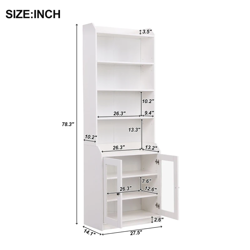 Elegant Tall Cabinet with Acrylic Door, Adjustable Shelves, and Graceful Curves, 27.5" L x 14.5" W x 78.5" H, White
