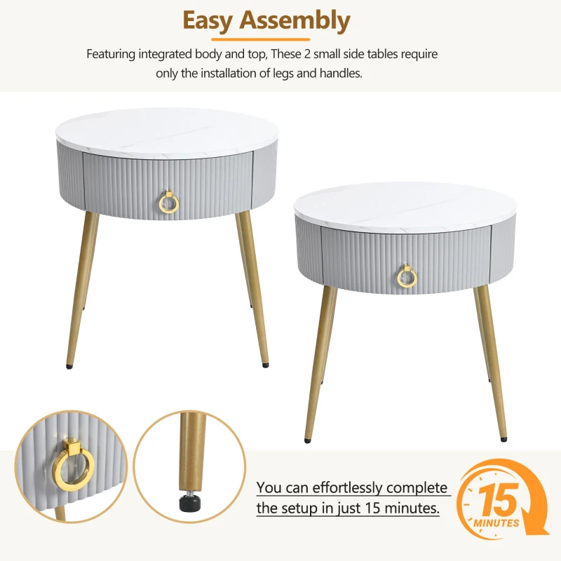 Set of 2 Modern End Tables with Storage, Faux Marble Tabletops, Fluted Panels, and Golden Legs, 19.5" L x 19.5" W x 20.5" H, Grey+Gold