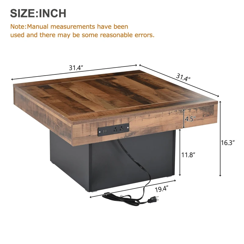 Farmhouse Wood Coffee Table with 2 USB Ports and Outlets, LED Light, Anti-Slip Foot Pads, Spliced Wood Grain, 31.5" L x 31.5" W x 16.5" H, Black