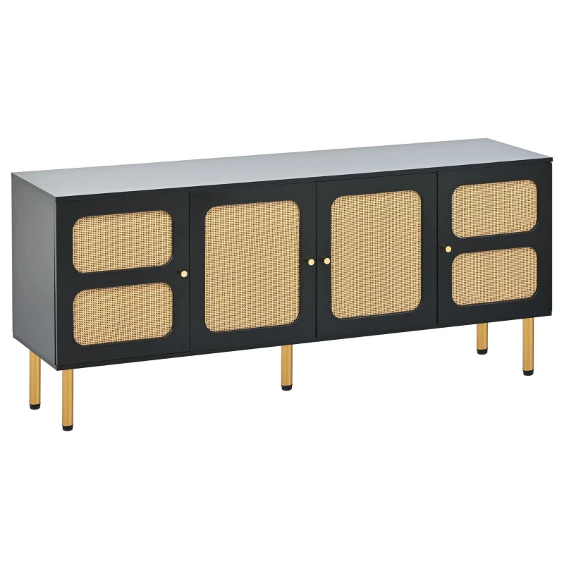 Vinsetto Boho Style TV Stand for TVs Up to 70" with Rattan Door, Media Console Table, Metal Base, Country Style Sideboard, 65" L x 17" W x 28" H, Black