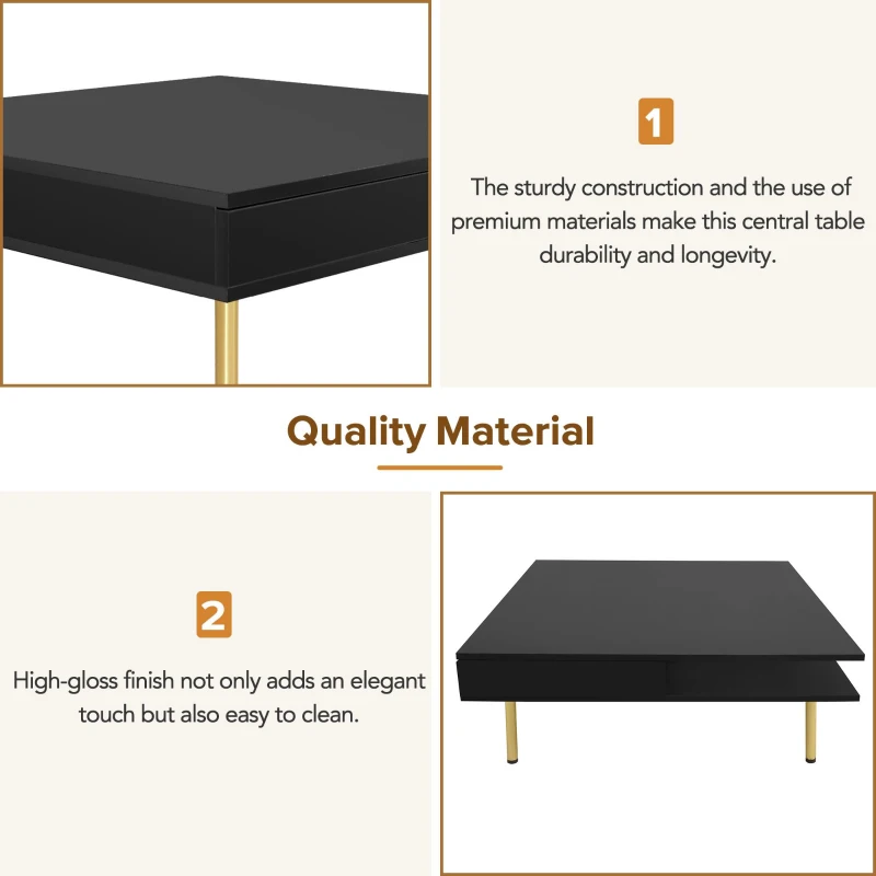 Exquisite High Gloss Coffee Table with 4 Golden Legs, 2 Small Drawers, and 2-Tier Square Center Table for Living Room, Black