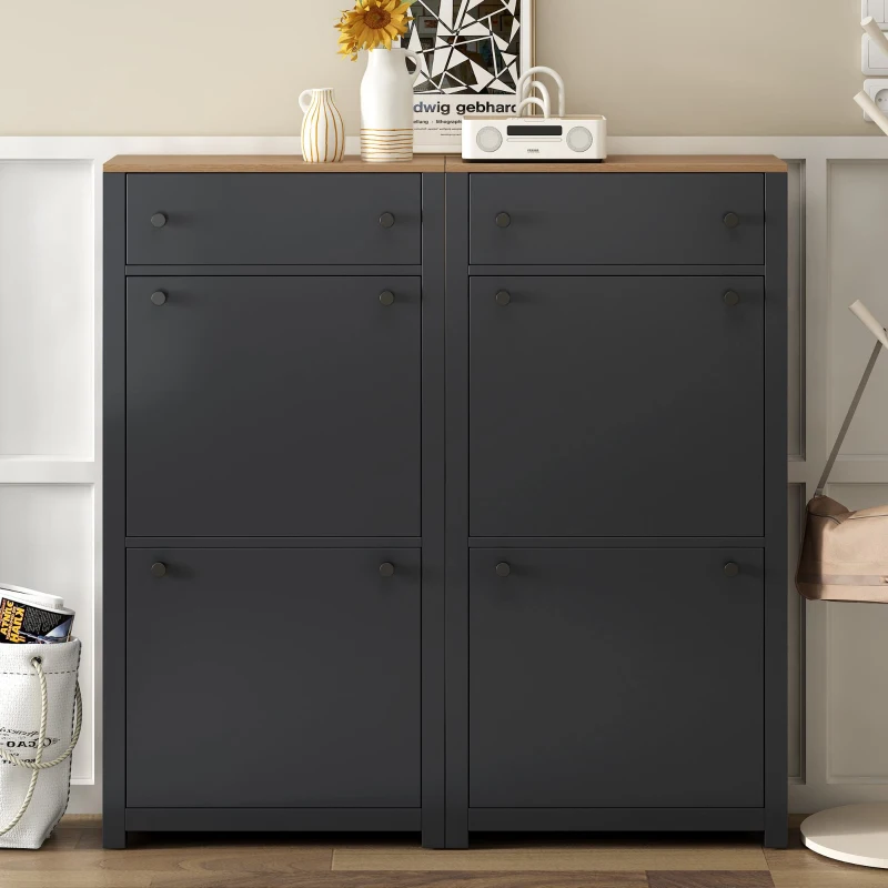 Modern Slim Shoe Cabinet Set with 4 Flip Drawers, Wood Grain Pattern Top, Adjustable Panels, Shoe Rack for Hallway, Black