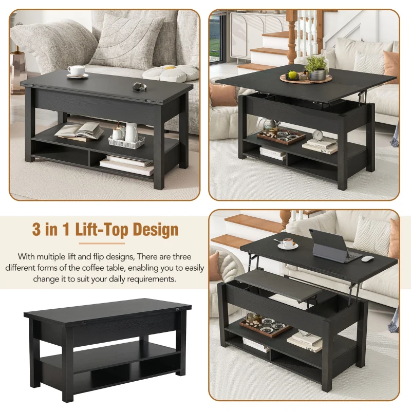 Vinsetto Lift Top Coffee Table with Multi-Functional Open Shelves, Modern Lift Tabletop Dining Table for Living Room, 42" L x 40" W x 25.5" H, Black