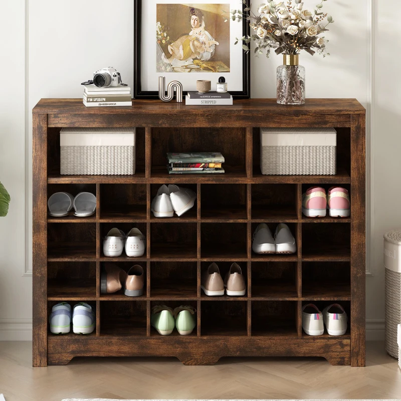 Modern Shoe Cabinet with 24 Cubbies, Versatile Sideboard, Sleek Design, Particle Board, 45.5" L x 13" W x 35" H, Rustic Brown