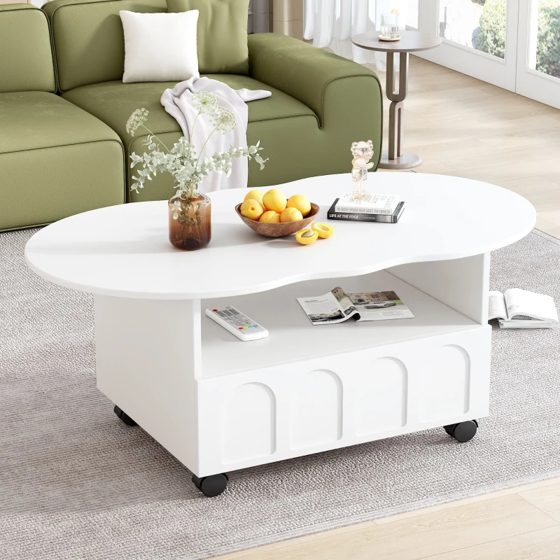 Vinsetto Coffee Table with Cloud Top, 2 Brake Wheels, Drawer, and Large Storage, 39.5" L x 23.5" W x 17.5" H, White