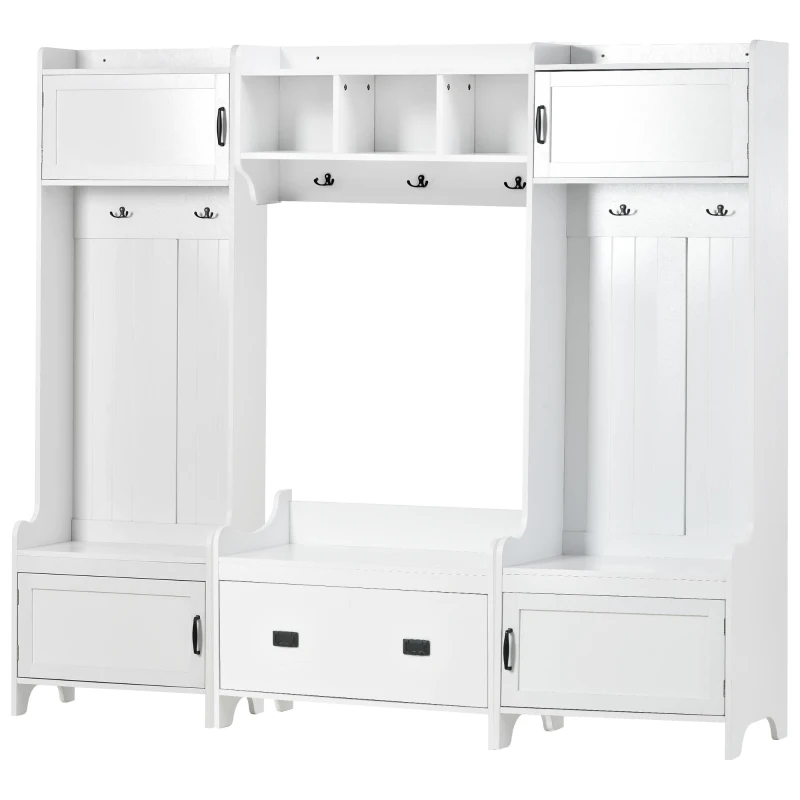 Modern 4-in-1 Hall Tree with Coat Rack, Storage Bench, Entryway Shelf, 7 Metal Hooks, and 4 Cabinets, 78.5" L x 15" W x 72" H, White