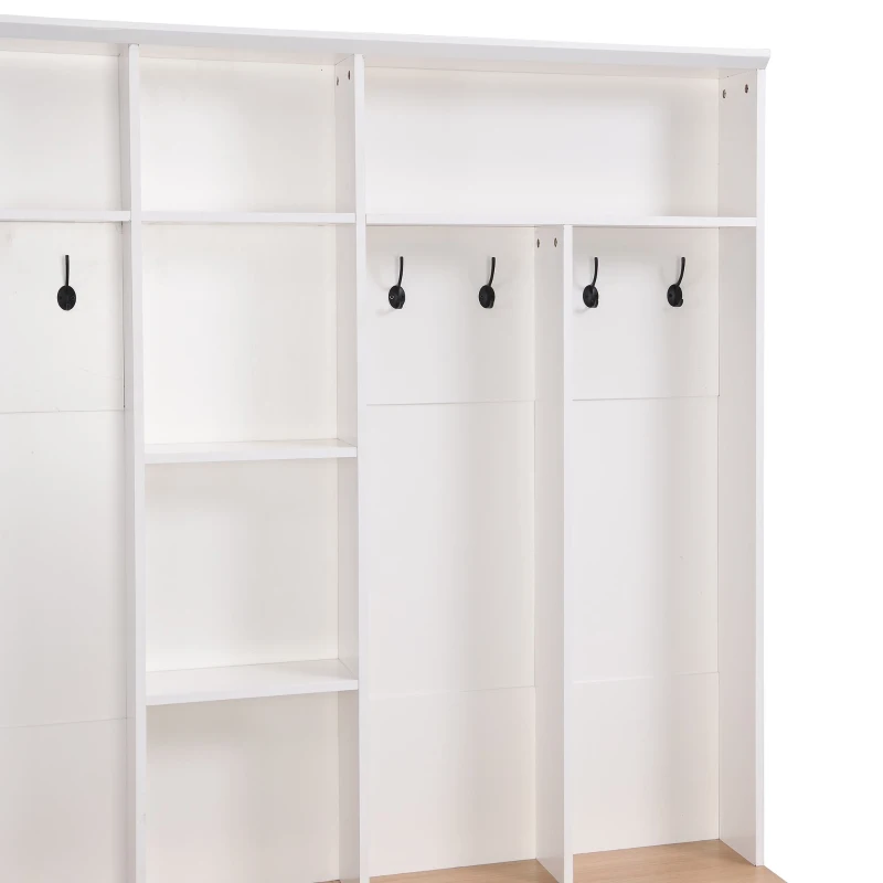 Wide Hall Tree with Storage Bench, Cube Storage, Shelves and 8 Hooks, Multifunctional Coat Rack, Shoe Cabinet, 67" L x 15" W x 72" H, White