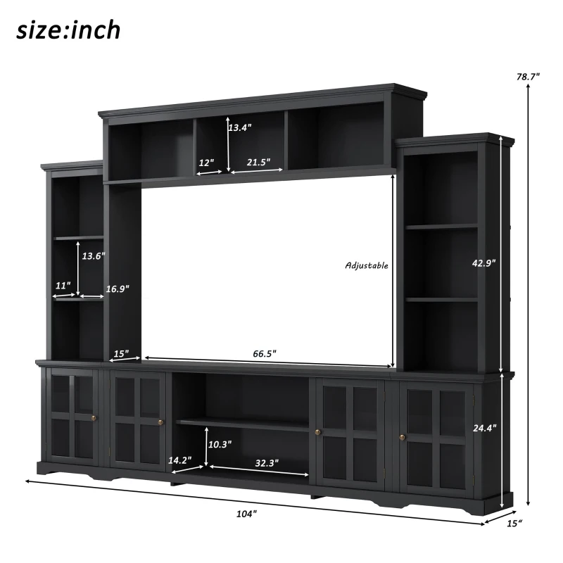 Modern Multifunctional TV Stand for TVs Up to 70" with Glass Door and Bridge, Minimalism Entertainment Wall Unit, 104" L x 15" W x 78.5" H, Black