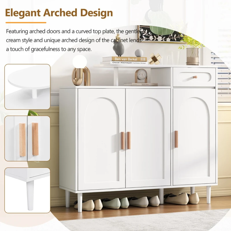 Elegant Shoe Cabinet with Arched Doors and Drawer, Adjustable Shelves, Solid Wood Legs, 47.5" L x 14.5" W x 43.5" H, White