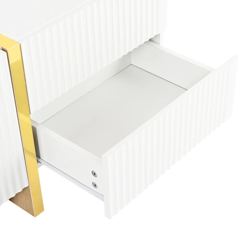 Luxury Fluted TV Stand with Storage Cabinets & Drawers, Smooth Media Console with Golden Wood Grain Legs, 75" L x 14" W x 18" H, White