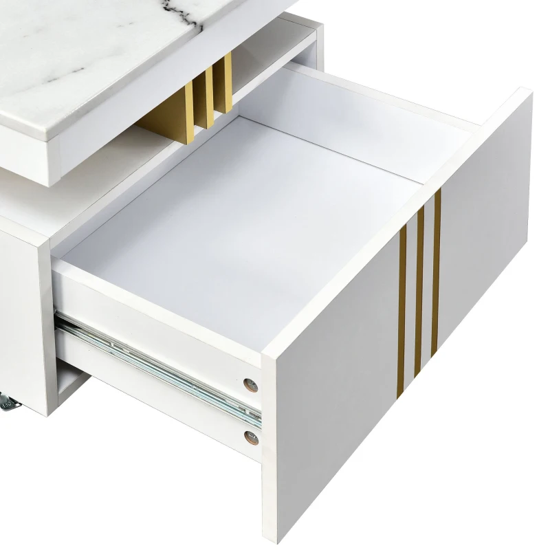 Vinsetto Contemporary Coffee Table with Faux Marble Top, Rectangle Cocktail Table with Caster Wheels and Two Drawers, 39.5" L x 20" W x 17.5" H, White