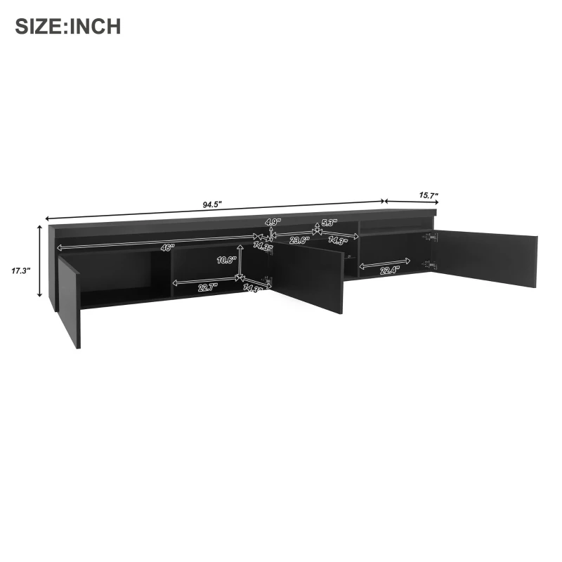 Vinsetto Unique Design TV Stand with 2 Glass Shelves, Ample Storage Space, LED Color Changing Lights, Fits TVs Up to 105", 94.5" L x 16" W x 17.5" H, Black