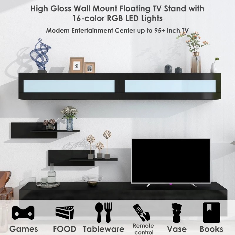 Vinsetto Wall Mount Floating TV Stand with 4 Media Storage Cabinets, 2 Shelves, and 16-Color RGB LED Lights for 95+" TV, Black